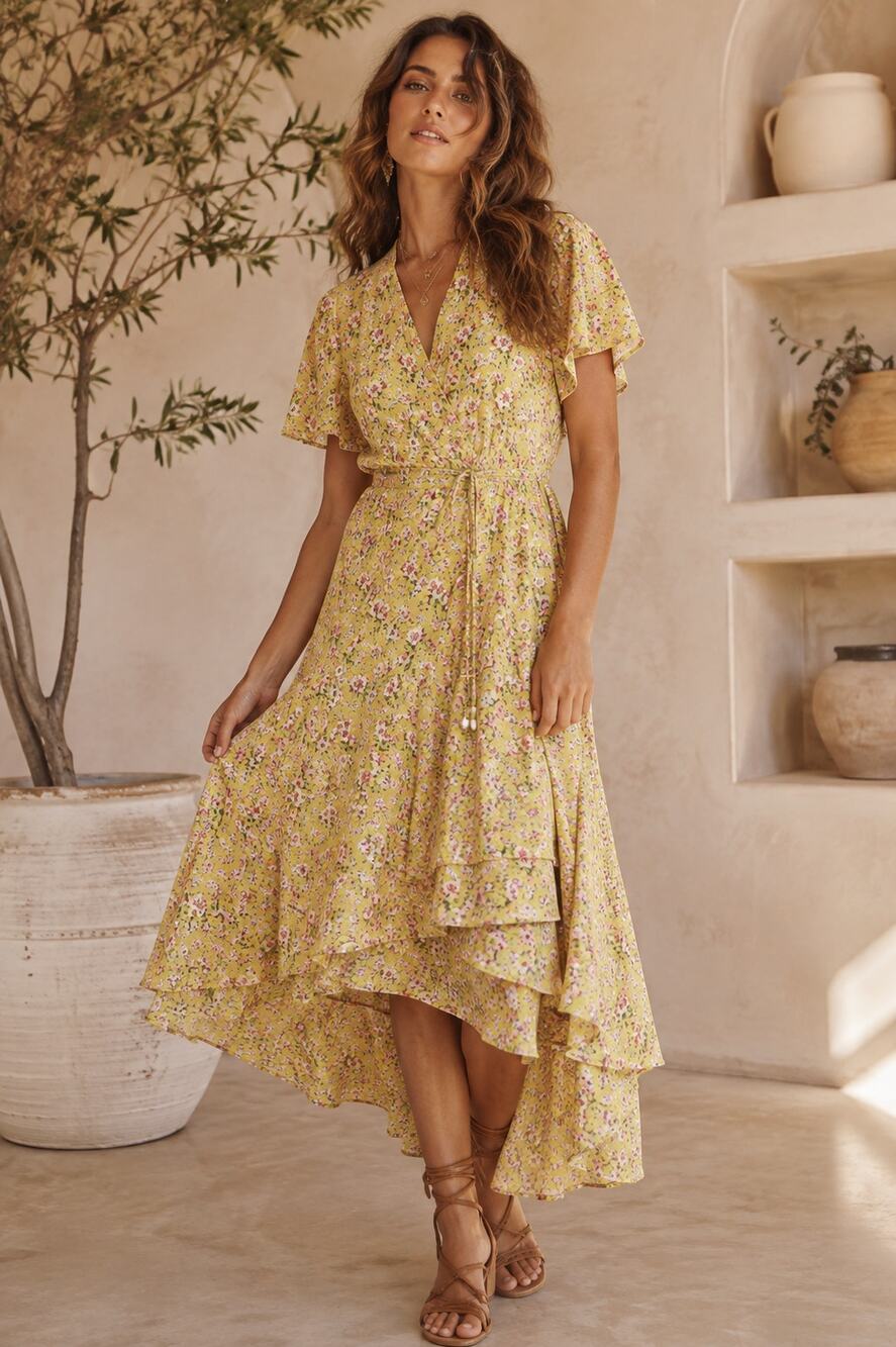 Roberta Roller Rabbit Prana Filena Dress Yellow Wrap Midi Dress Small New